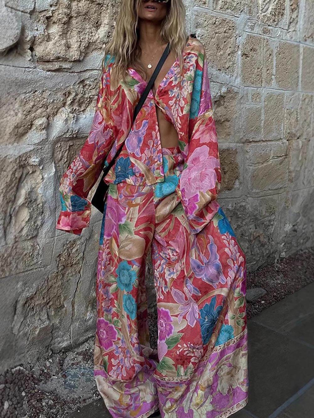 Satin Unique Print Elastic Waistband Pocket Wide Leg Pants