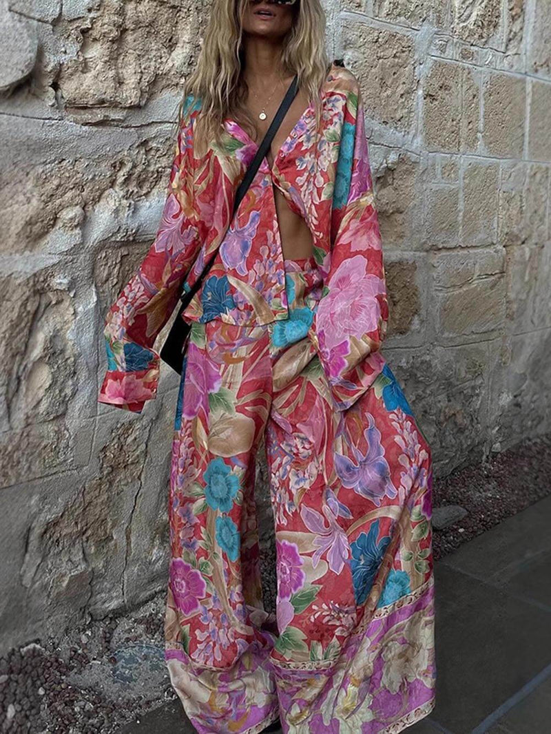 Satin Unique Print Elastic Waistband Pocket Wide Leg Pants