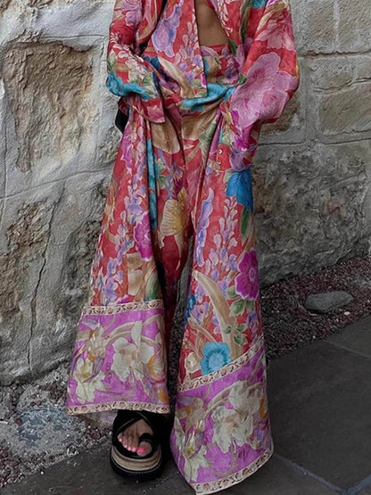 Satin Unique Print Elastic Waistband Pocket Wide Leg Pants