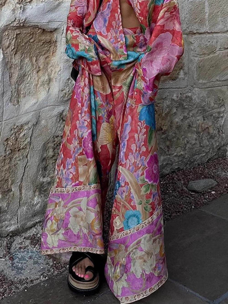 Satin Unique Print Elastic Waistband Pocket Wide Leg Pants