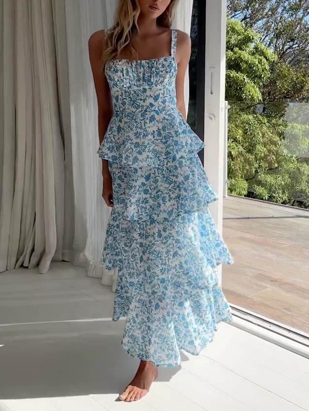 Print Strap Layered Maxi Dress