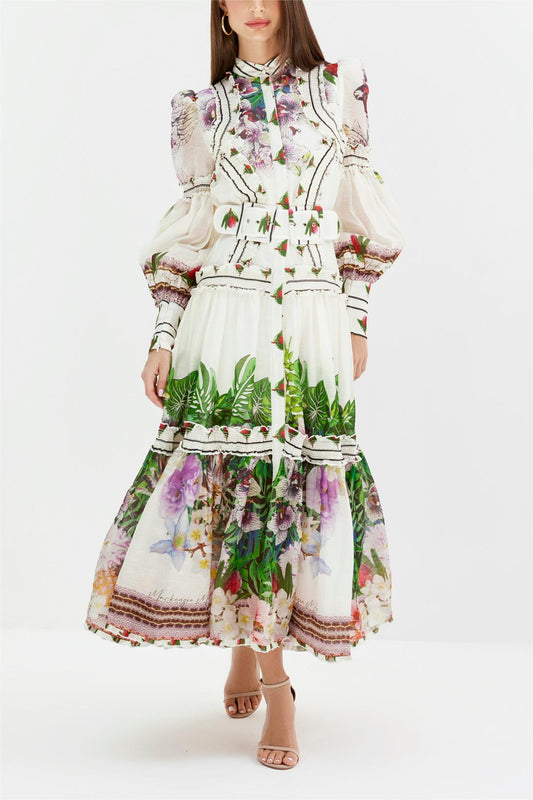 Lantern Sleeve Midi Dress With Belt