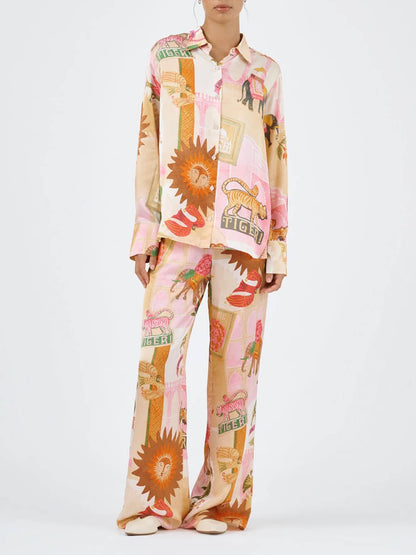 Unique Printed Shirt Top and Elastic Waist Loose Pants Set