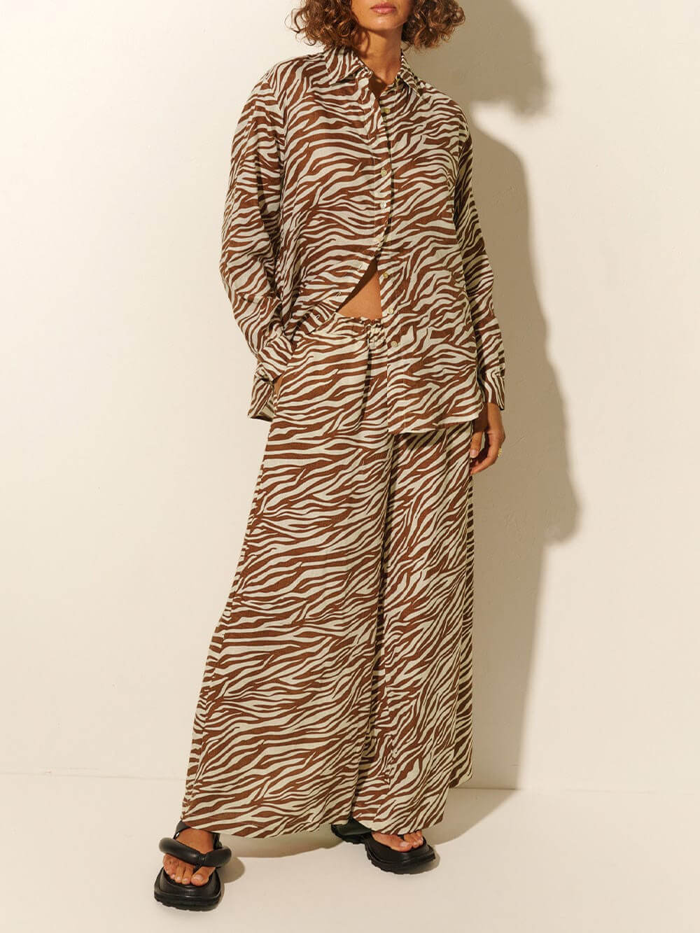 Button Open Collar Loose Zebra Print Shirt Pants Set