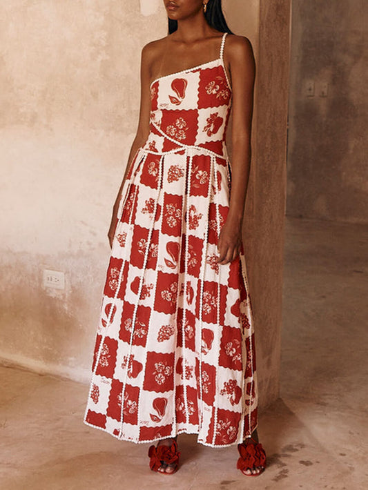 Trim Unique Printed One Shoulder Flared Maxi Dress