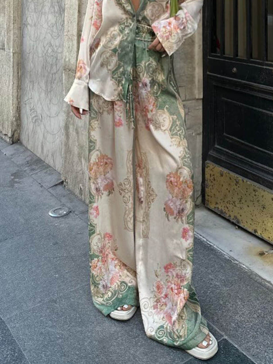 Unique Loose Printed Stretch Waist Wide Leg Pants