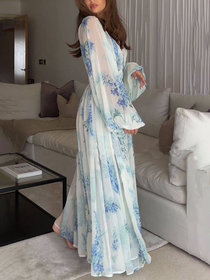 Ocean Flower Chiffon Drawstring Waist Maxi Dress