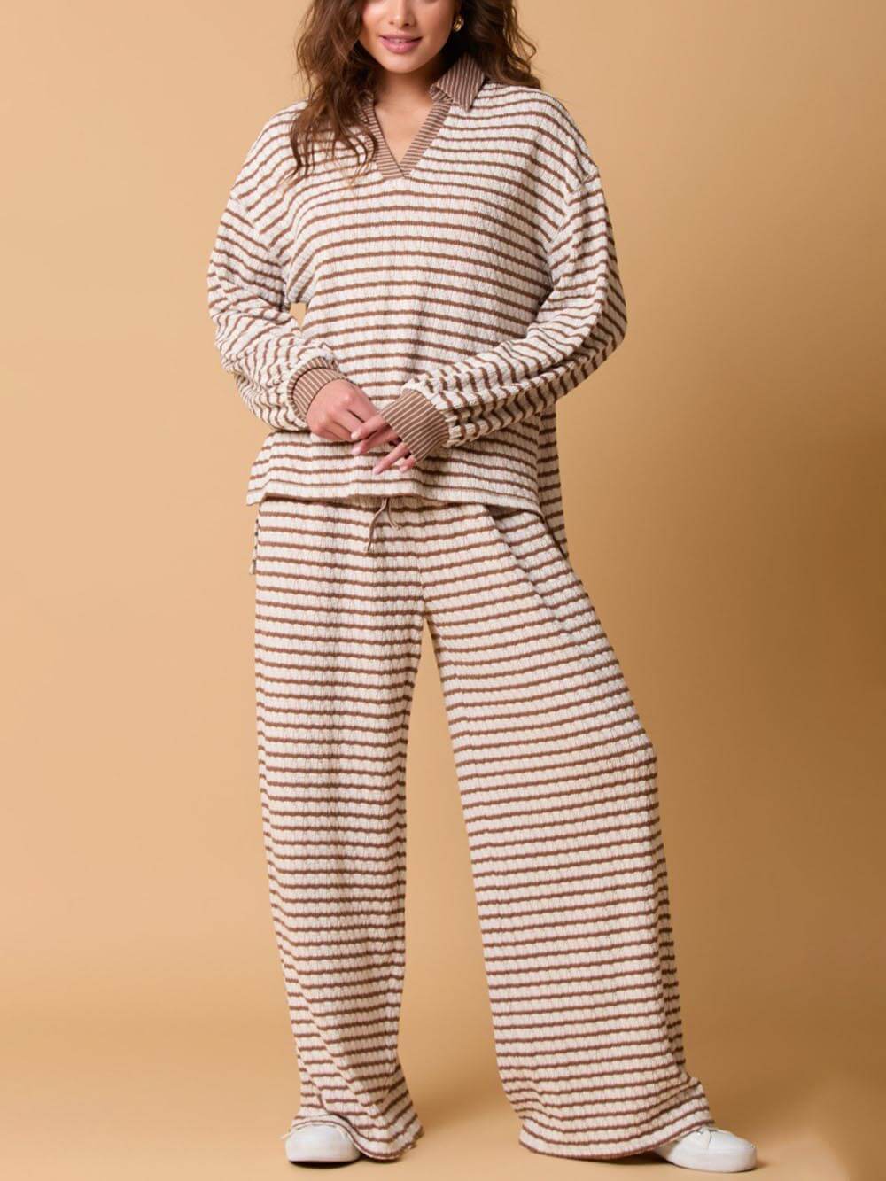 Two-color Striped Long-sleeved Trousers Two-piece Set