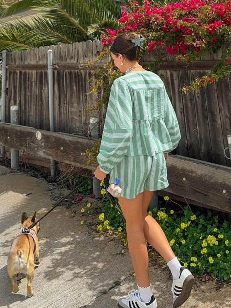 Patchwork Striped Loose Printed Shirt and Shorts Set