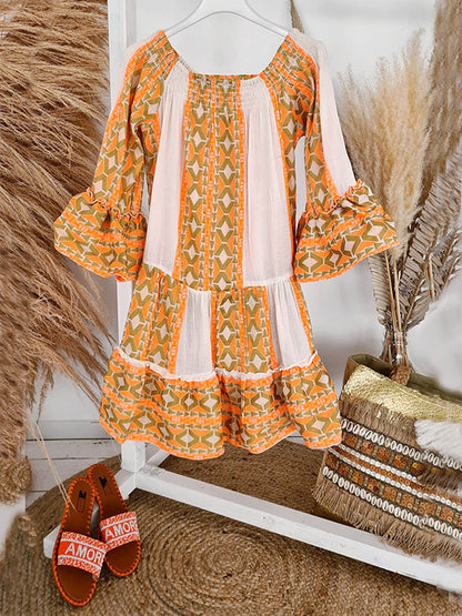 Print Linen Blend Off Shoulder Loose Mini Dress