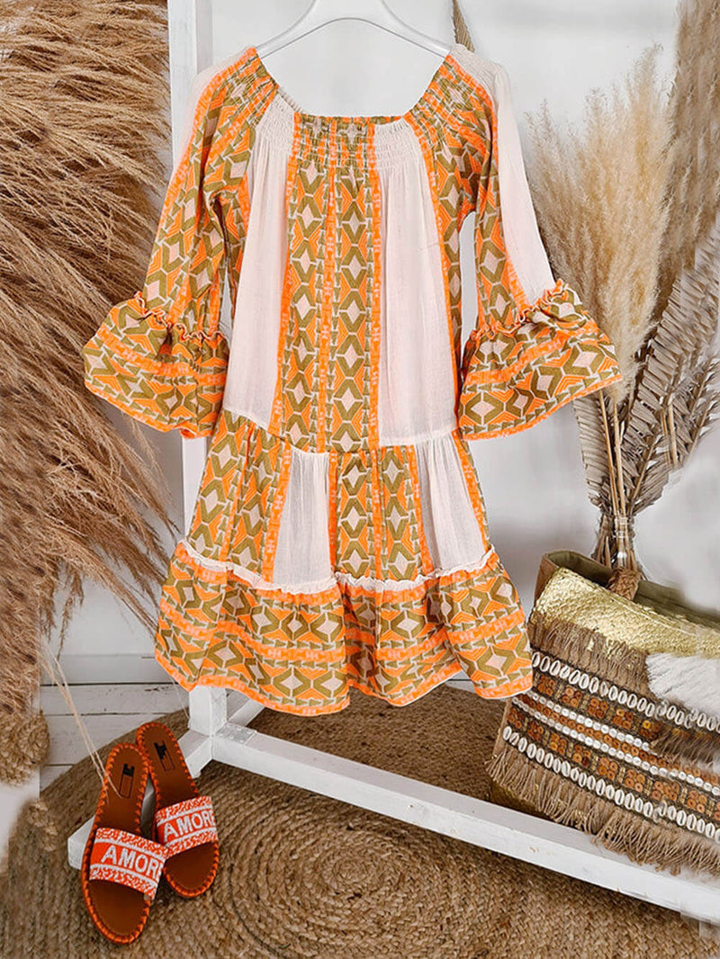 Print Linen Blend Off Shoulder Loose Mini Dress