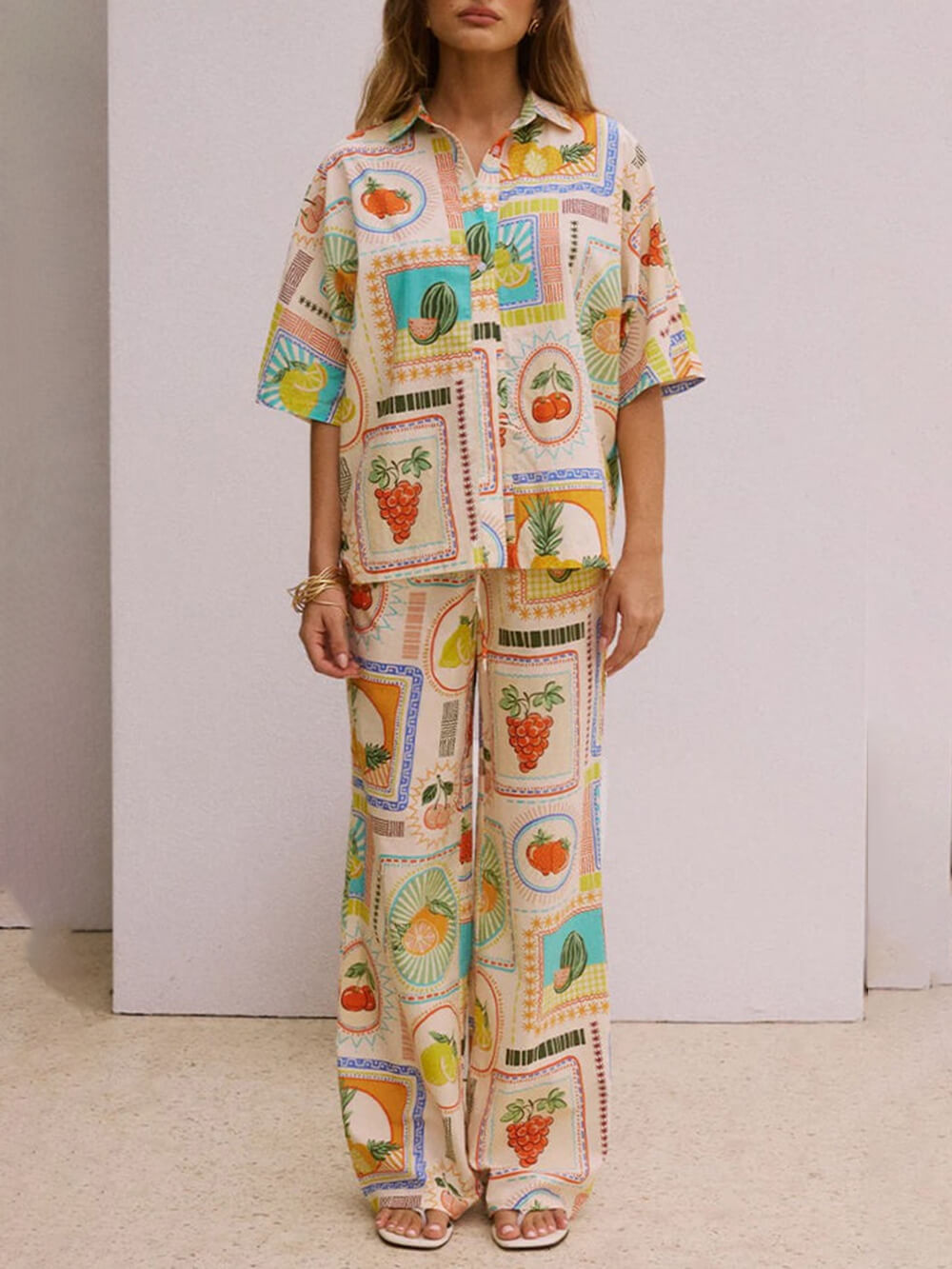 Unique Print Loose Short- Shirt Straight Pants Set
