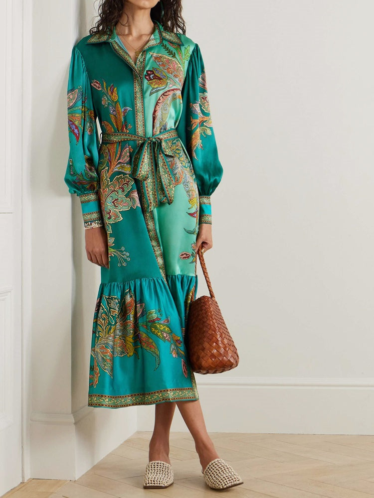 Collared Print Lantern Sleeve Dress