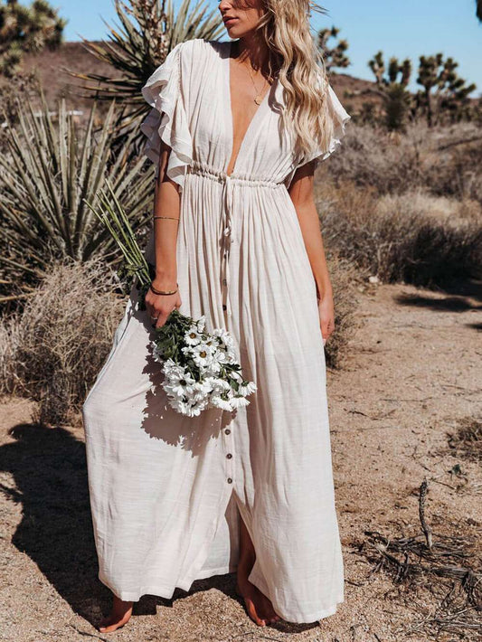 Button Cotton Linen Perfect Beach Maxi Dress