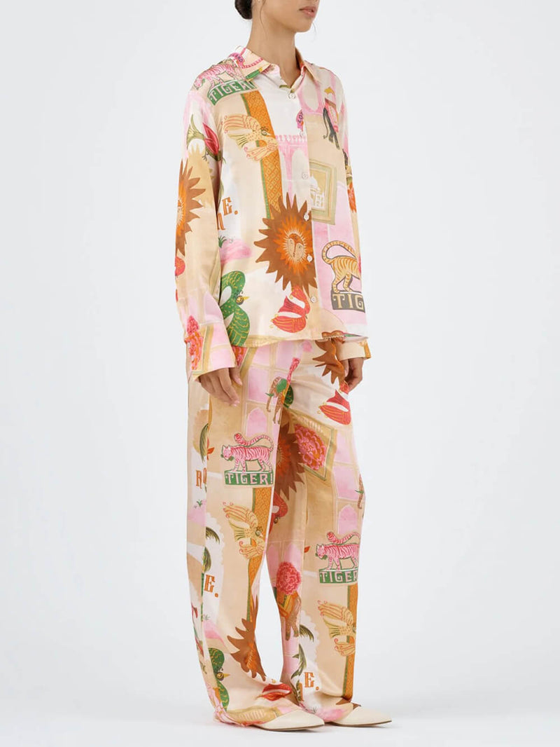 Unique Printed Shirt Top and Elastic Waist Loose Pants Sets