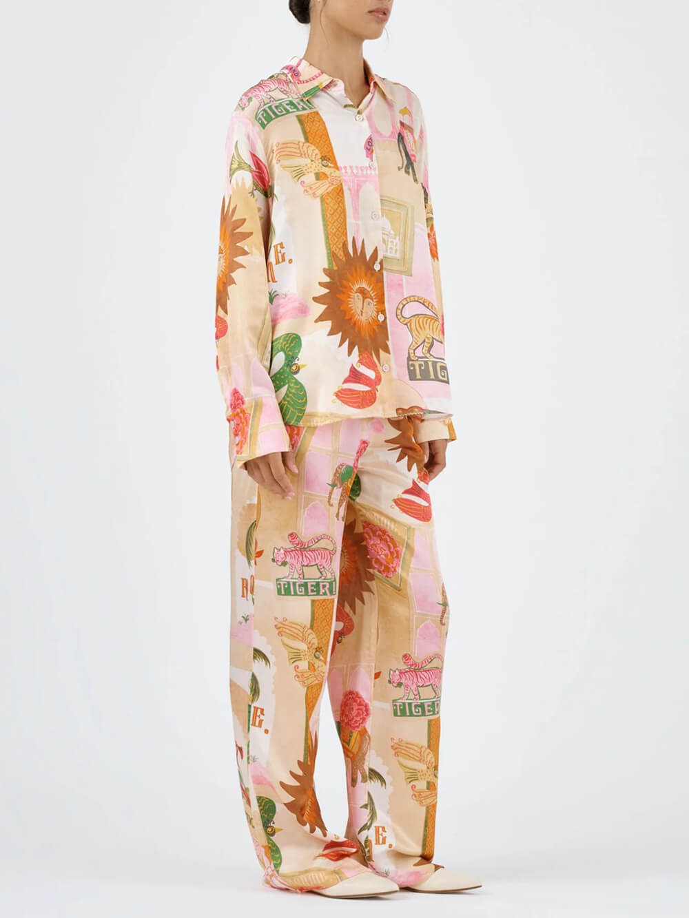 Unique Printed Shirt Top and Elastic Waist Loose Pants Set