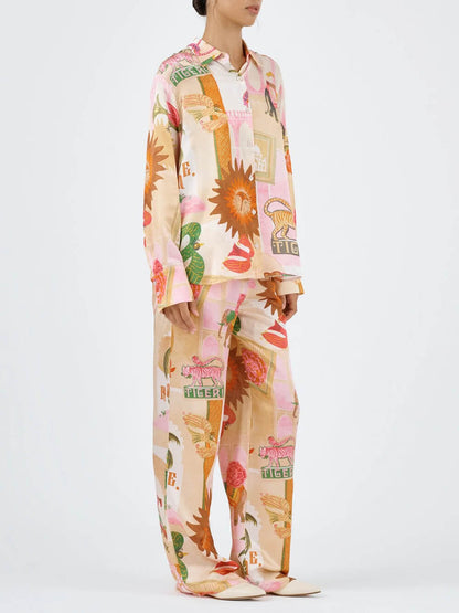 Unique Printed Shirt Top and Elastic Waist Loose Pants Set
