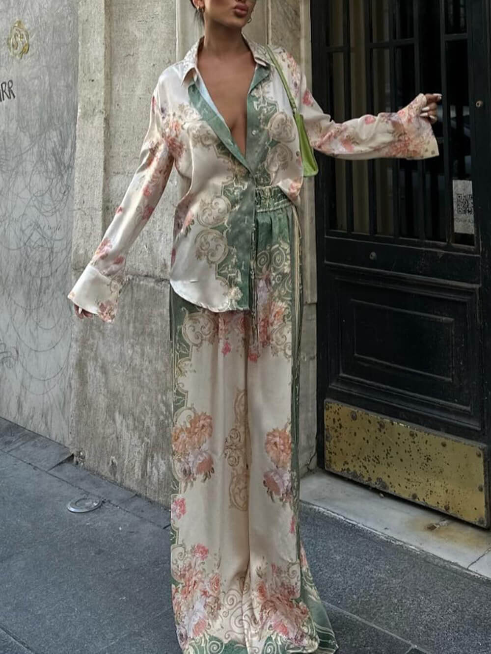 Unique Loose Printed Stretch Waist Wide Leg Pants