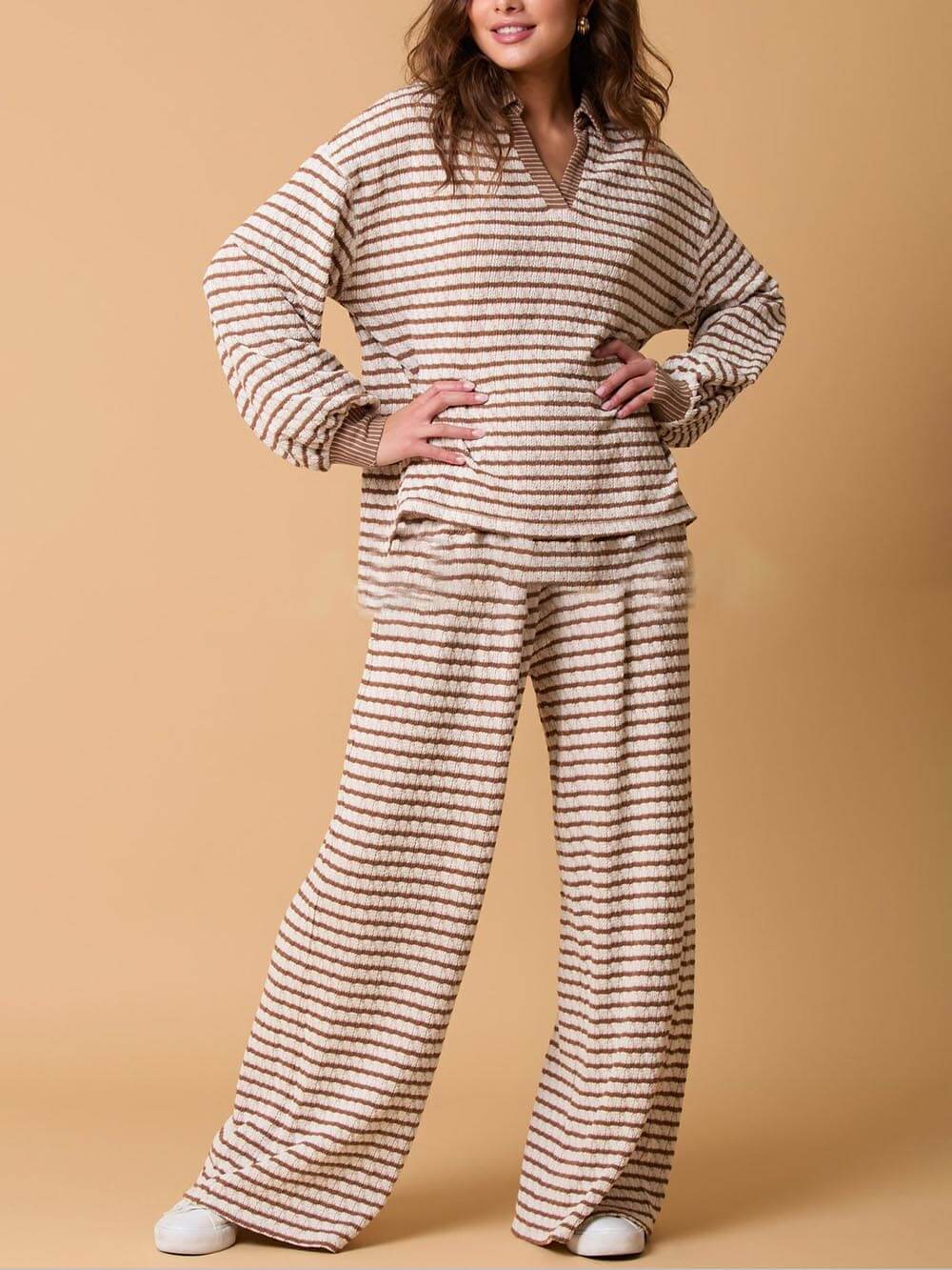 Two-color Striped Long-sleeved Trousers Two-piece Set
