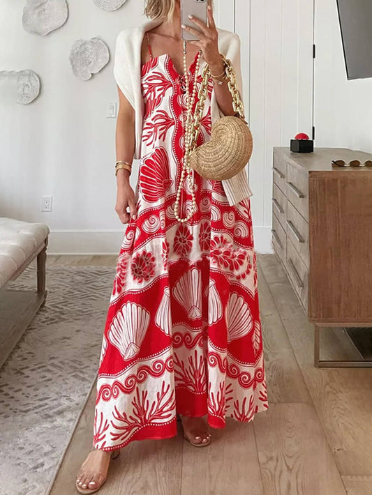Shell Unique Print Front Lace-up Loose Maxi Dress