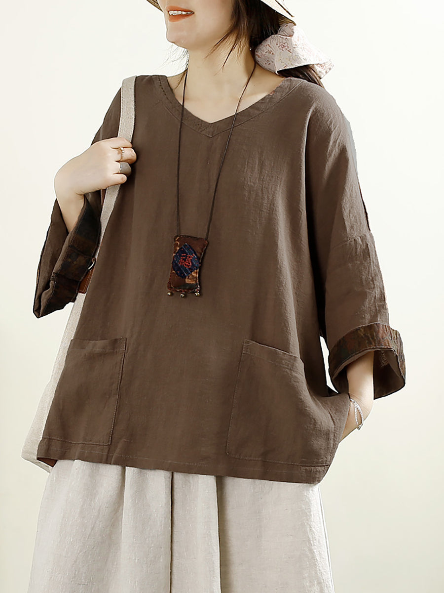 V-neck 100%linen Blouse Ak1006