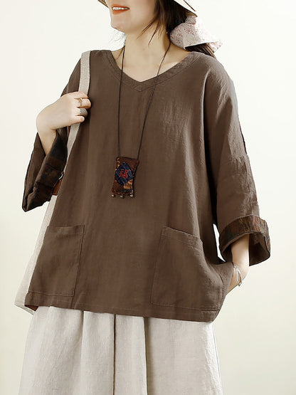V-neck 100%linen Blouse Ak1006