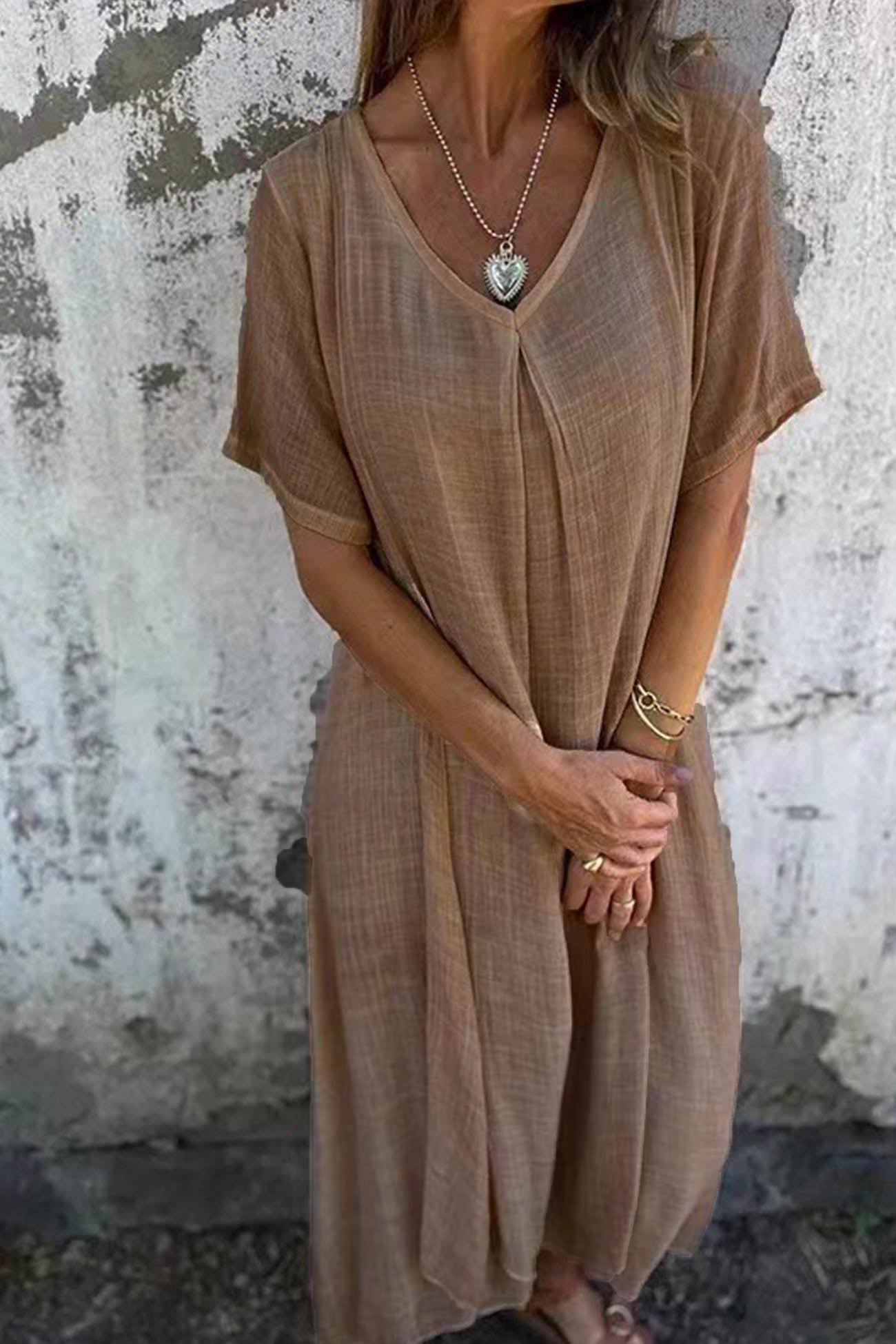 Cotton V Neck Midi Dress