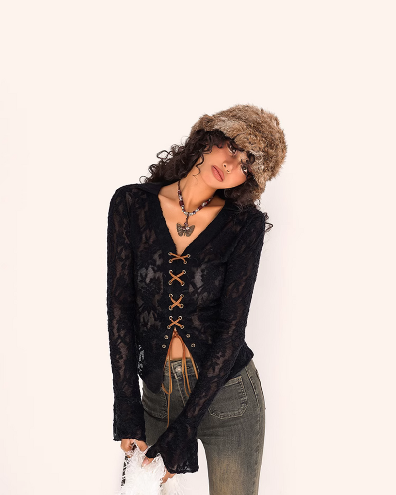 Nico Molly Lace-up Textured Cardigan - Ivory and Black ()