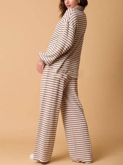 Two-color Striped Long-sleeved Trousers Two-piece Set