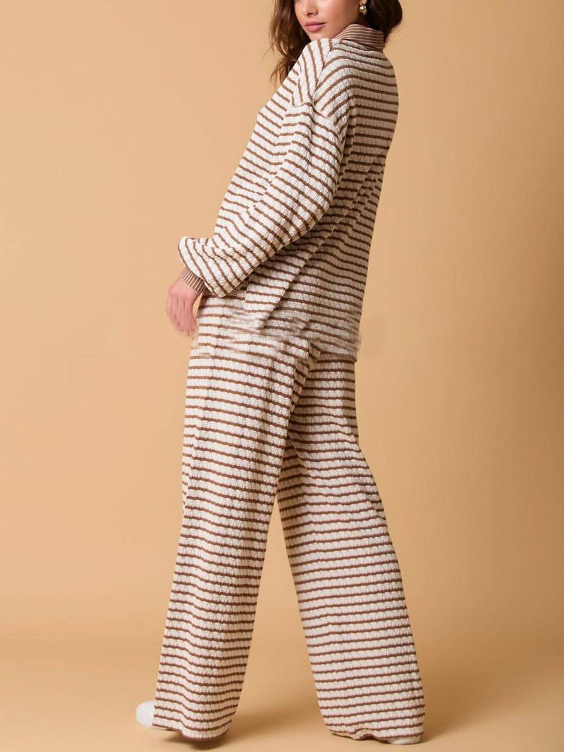 Two-color Striped Long-sleeved Trousers Two-piece Set