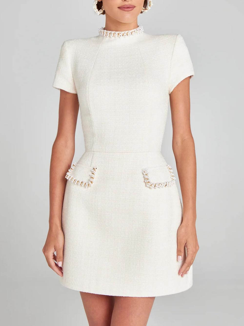 Exquisite and Playful Pearl Trim Pocket Mini Dress