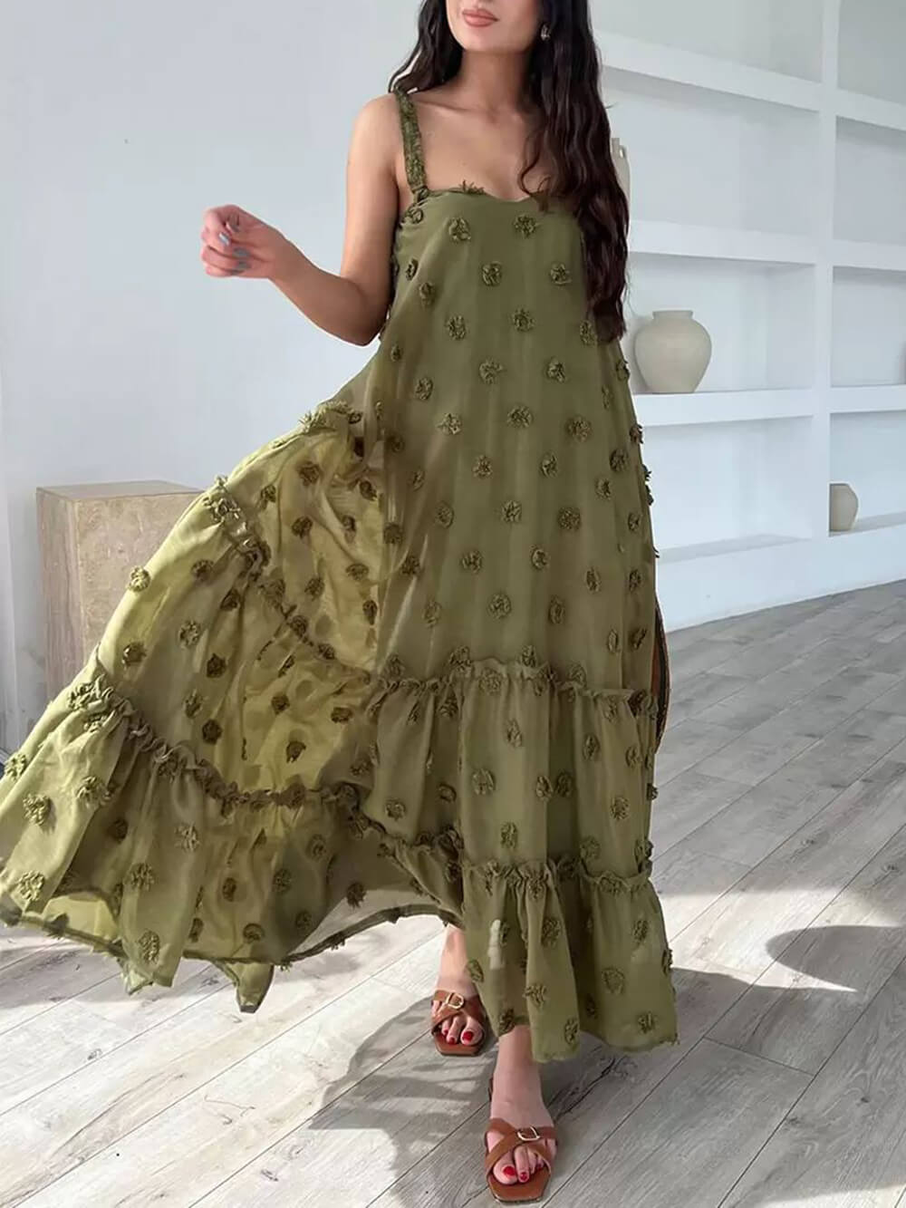 Flower Decor A-line Layered Loose Maxi Dress