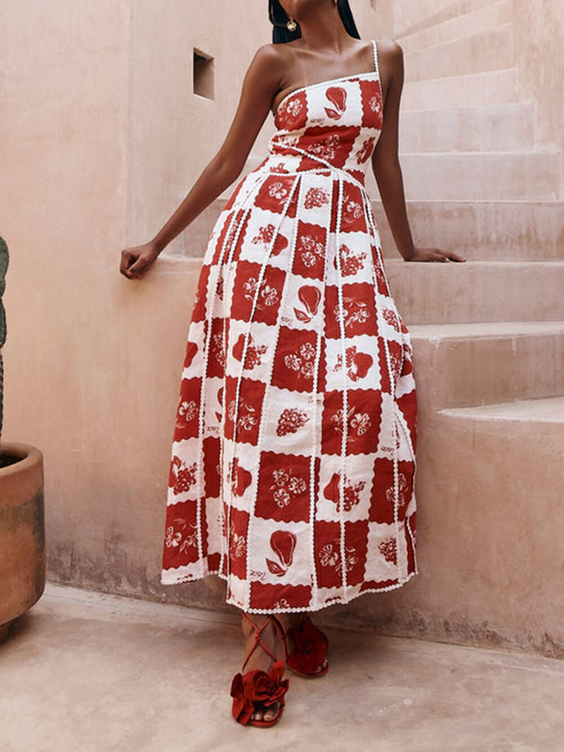 Trim Unique Printed One Shoulder Flared Maxi Dress