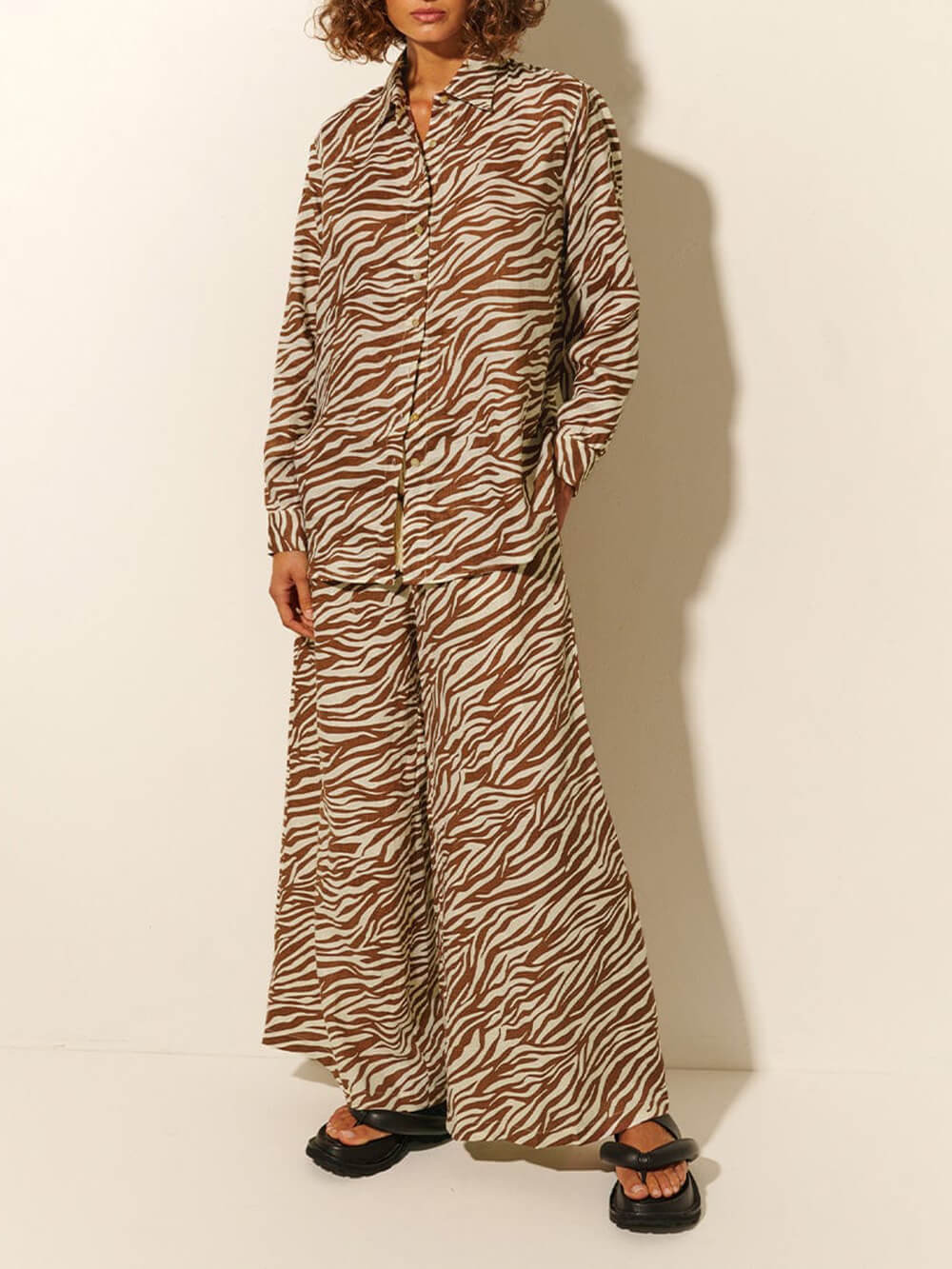 Button Open Collar Loose Zebra Print Shirt Pants Set