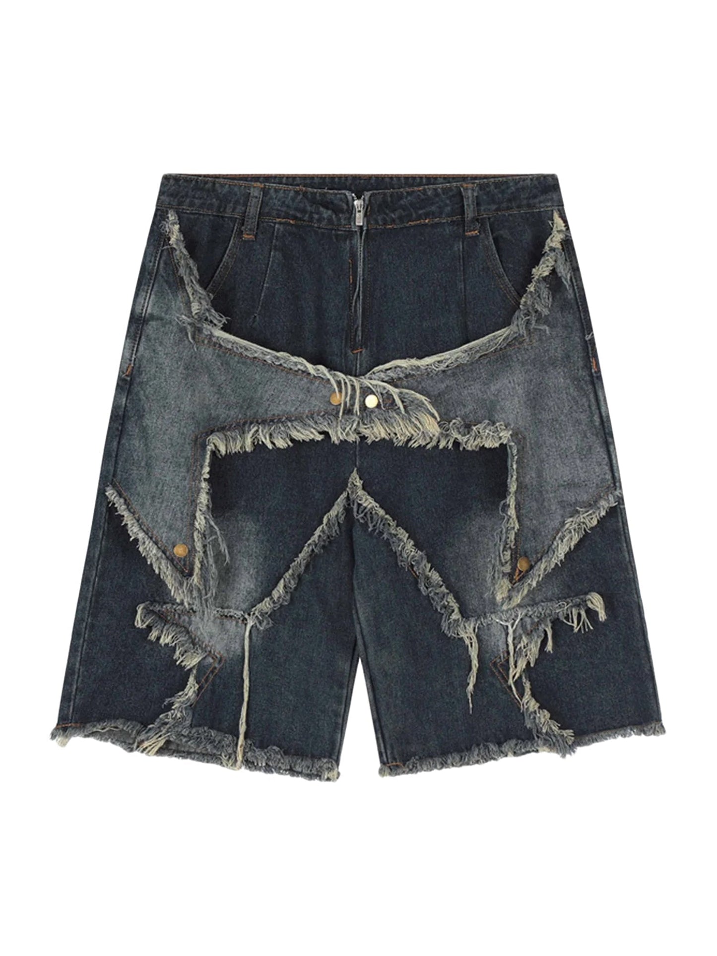 Star Patch Denim Shorts With Fringe