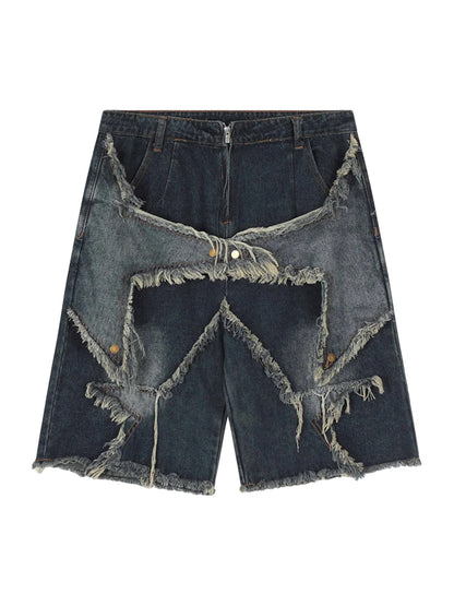 Star Patch Denim Shorts With Fringe