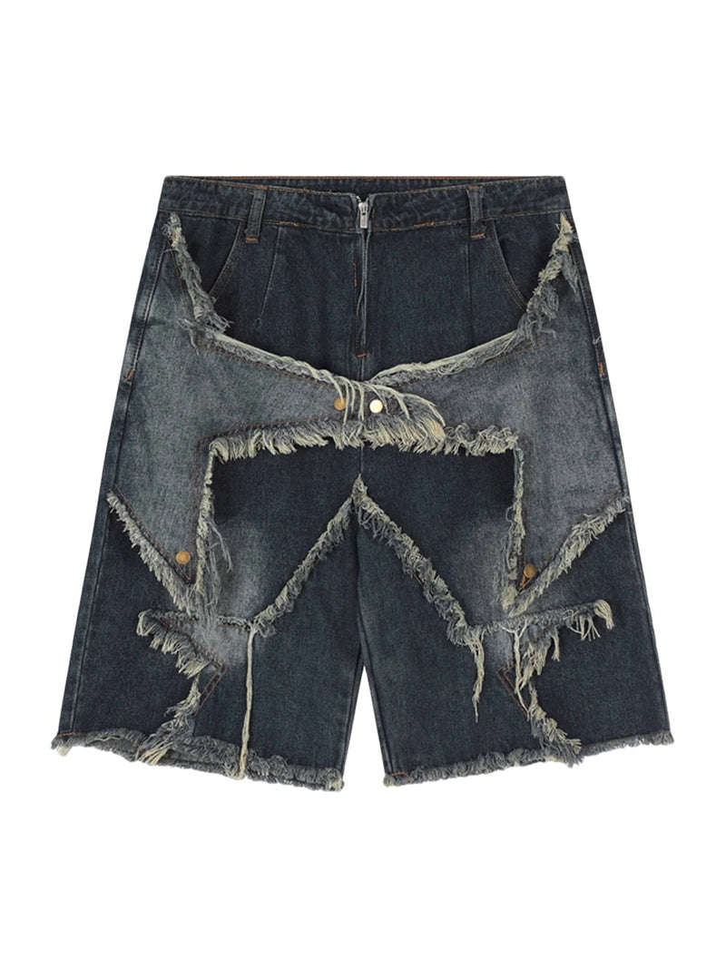 Star Patch Denim Shorts With Fringe
