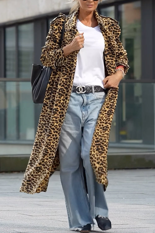 Lapel Open Front Leopard Midi Coat