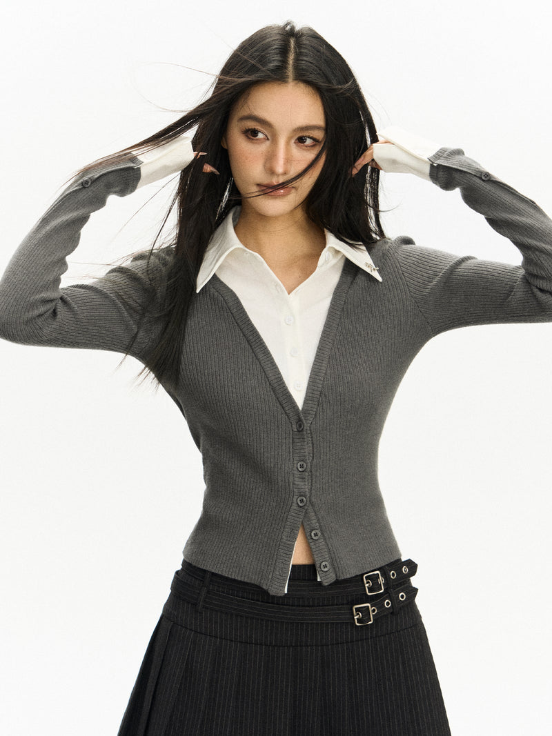 Classic Mock Two-piece Ribbed V-neck Cardigan