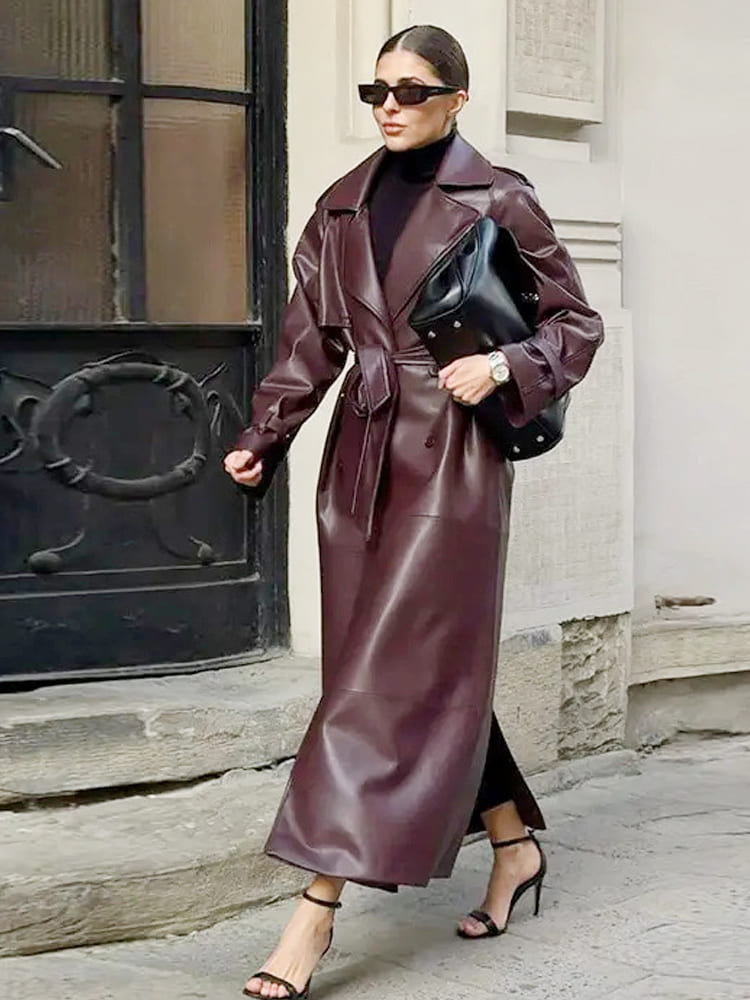 Lapel Pu Leather Trench Coat With Belted Waist