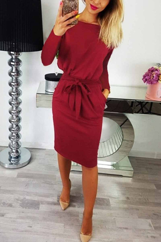 O Neck Midi Dress With Belt (long Sleeve)