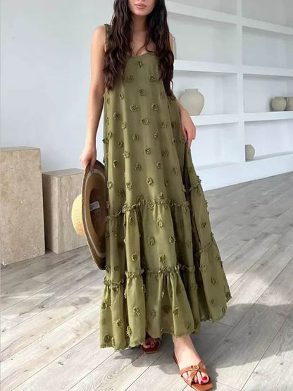 Flower Decor A-line Layered Loose Maxi Dress