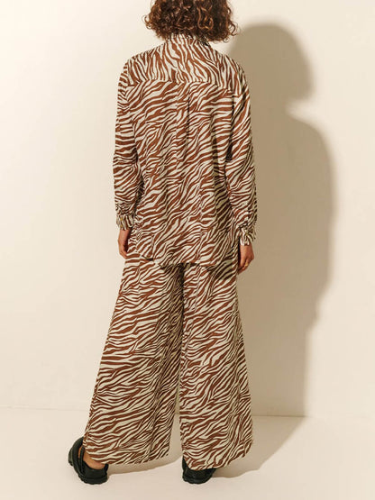 Button Open Collar Loose Zebra Print Shirt Pants Set
