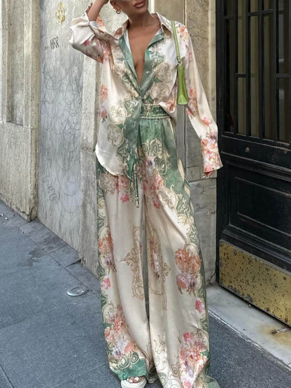 Unique Loose Printed Stretch Waist Wide Leg Pants