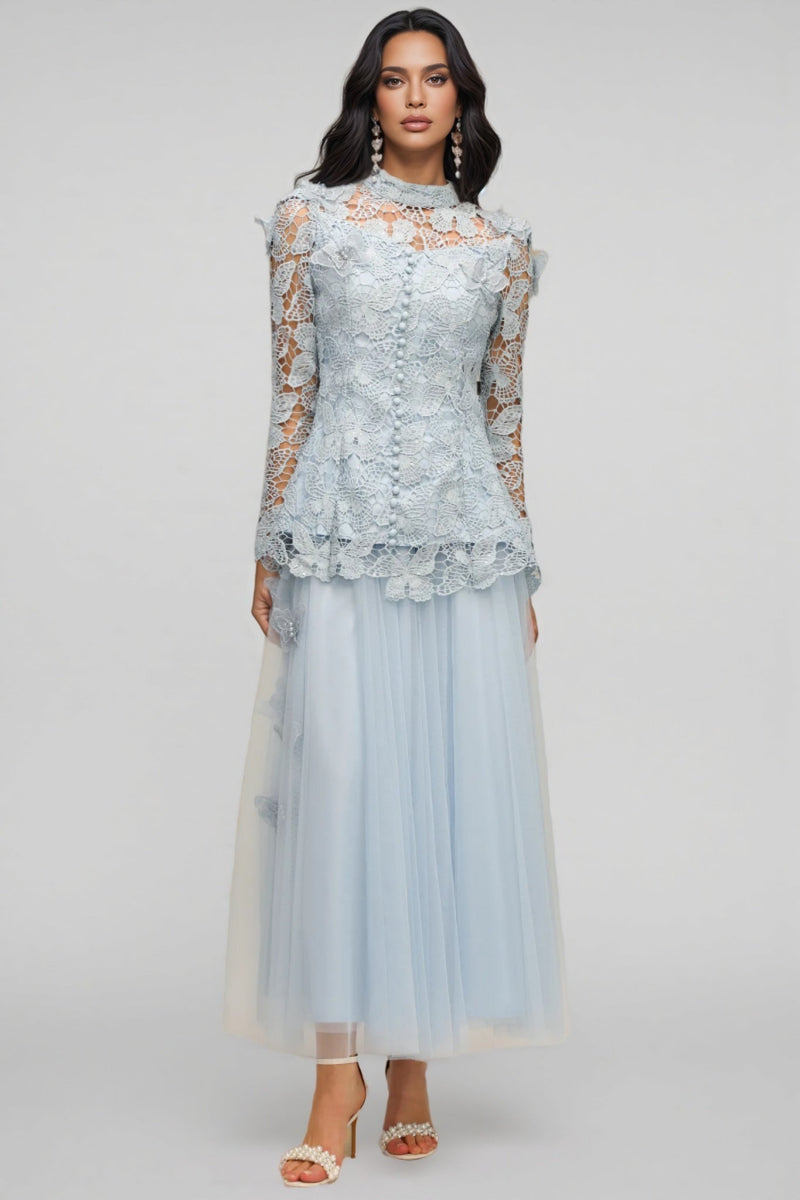 Hurof Folds Lace Butterfly Top Dress Two-piece Set