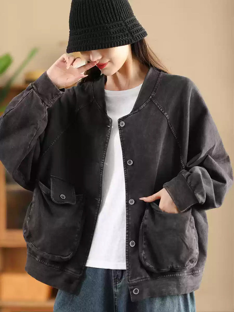 Retro Pure Color Stand Collar Pocket Cotton Coat Ax1008