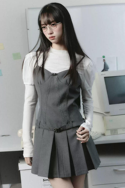 Professional Grey Blazer and Pleated Mini Dress Set