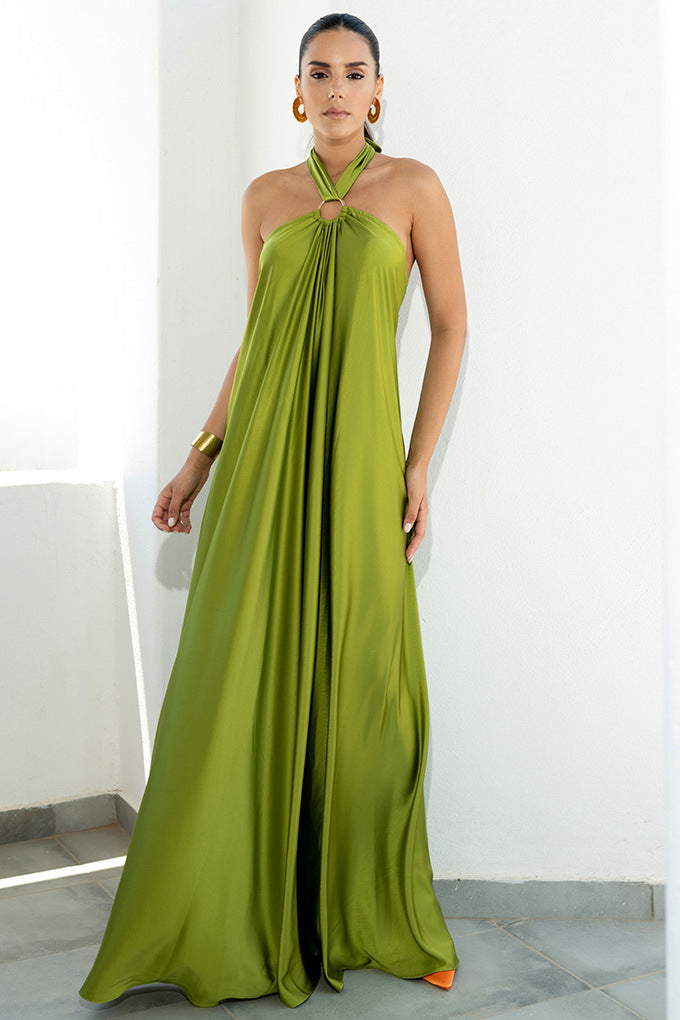 Satin Maxi Long Dress: Backless Halter Neck
