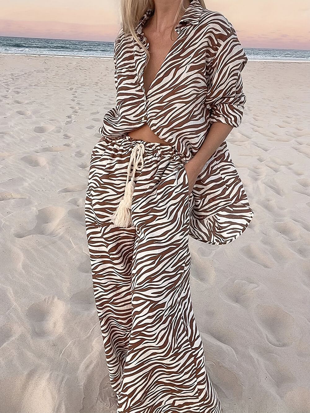 Button Open Collar Loose Zebra Print Shirt Pants Set