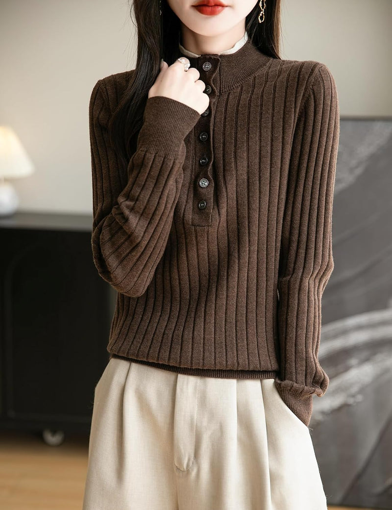 Merino Wool Blend Color Block Stand Collar Sweater